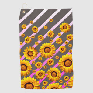 Beautiful yellow flowers on grey, pink stripes  golf towel