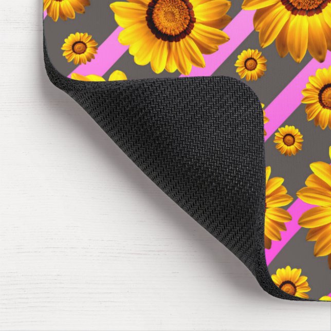 Beautiful yellow flowers on grey, pink stripes  mouse pad (Corner)