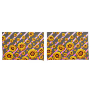 Beautiful yellow flowers on grey, pink stripes pillowcase