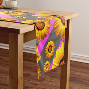 Beautiful yellow flowers on grey, pink stripes short table runner
