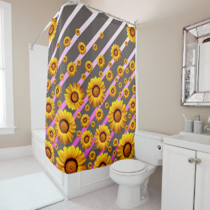 Beautiful yellow flowers on grey, pink stripes shower curtain
