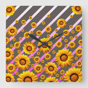 Beautiful yellow flowers on grey, pink stripes square wall clock