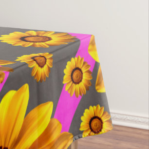 Beautiful yellow flowers on grey, pink stripes   tablecloth
