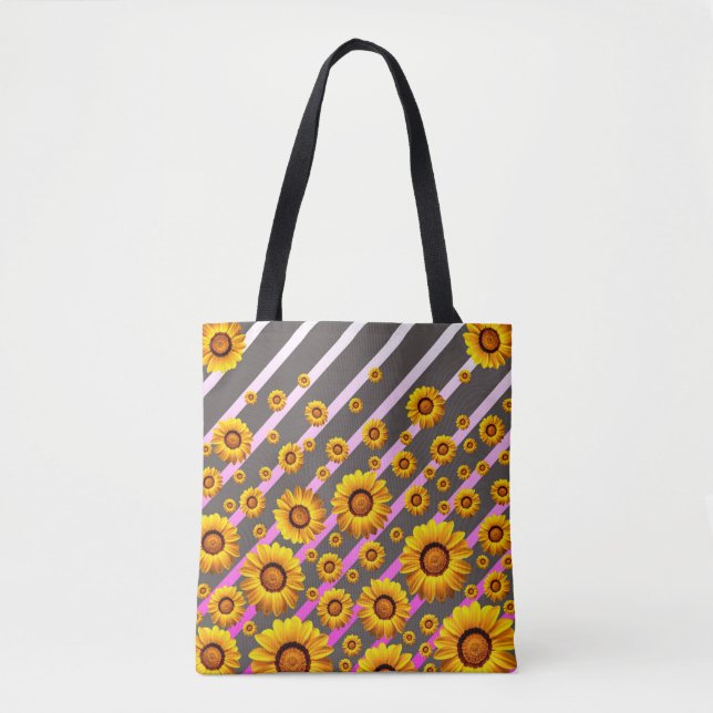 Beautiful yellow flowers on grey, pink stripes    tote bag (Front)