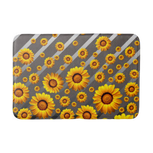 Beautiful yellow flowers on grey, silver stripes  bath mat