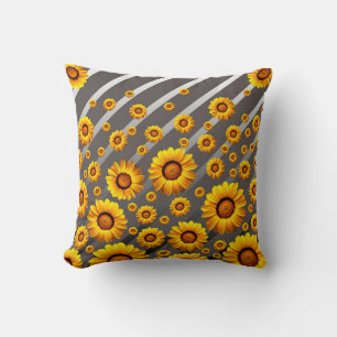 Beautiful yellow flowers on grey, silver stripes cushion