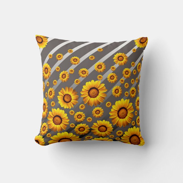 Beautiful yellow flowers on grey, silver stripes cushion (Front)