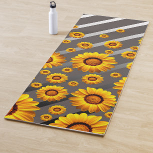 Beautiful yellow flowers on grey, silver stripes  yoga mat