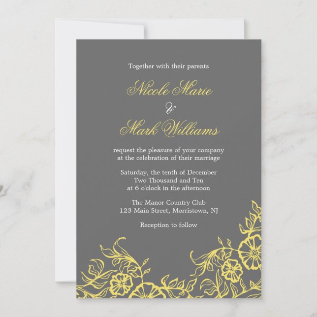 Beautiful Yellow & Grey Floral Wedding Invitation (Front)