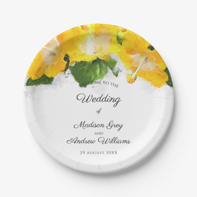 Beautiful Yellow Hibiscus Flower Art Wedding Paper Plate (Front)