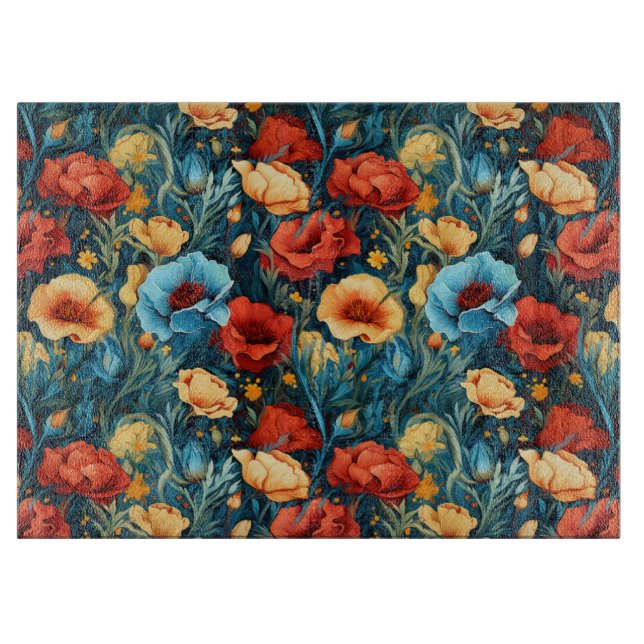 Beautiful Yellow Red Blue Flowers Botanical Print Cutting Board (Front)