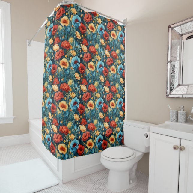 Beautiful Yellow Red Blue Flowers Botanical Print Shower Curtain (In Situ)