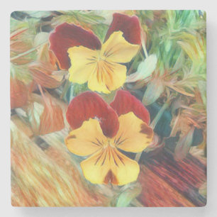 Beautiful Yellow Red Brown Painted Pansies Pansy Stone Coaster