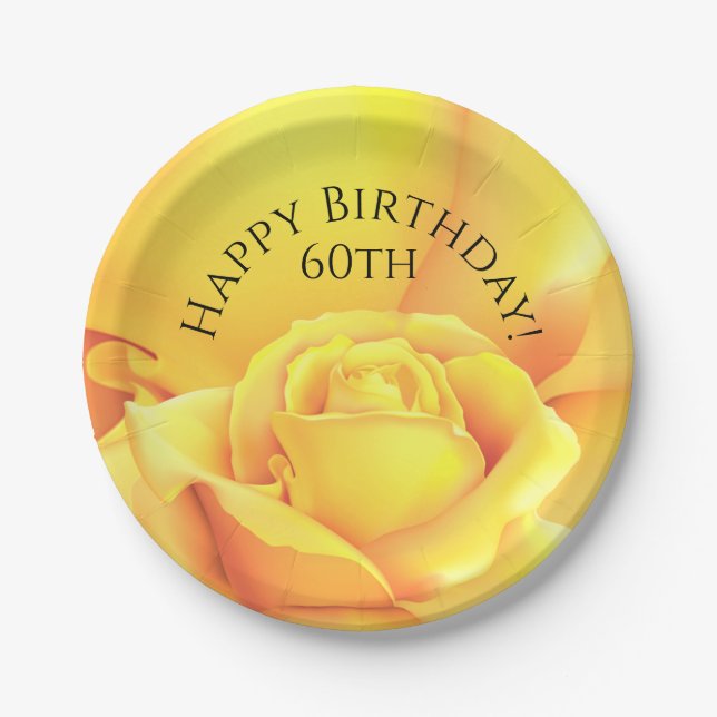 Beautiful Yellow Rose Happy Birthday Paper Plate (Front)