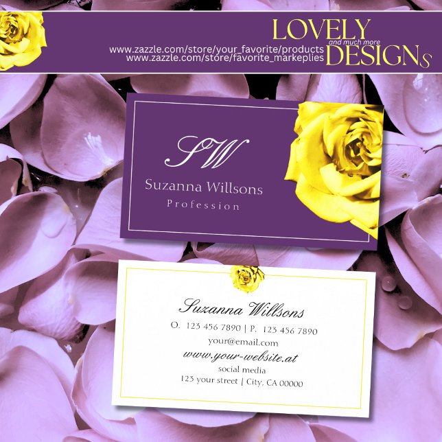Beautiful Yellow Rose on Purple with Initials Chic Business Card (Creator Uploaded)
