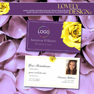 Beautiful Yellow Rose on Purple with Logo Photo Business Card