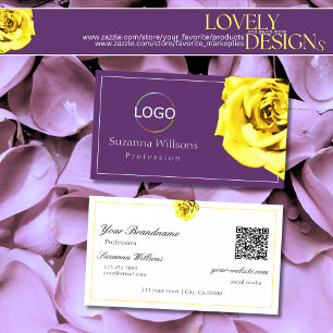 Beautiful Yellow Rose on Purple with Logo QR Code Business Card