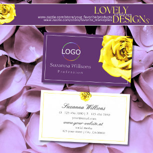 Beautiful Yellow Rose on Purple with Logo Simple Business Card