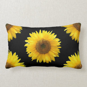Beautiful Yellow Sunflowers on Black Lumbar Cushion