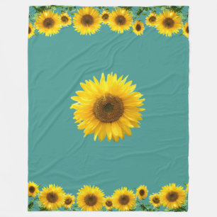 Beautiful Yellow Sunflowers on Teal Fleece Blanket