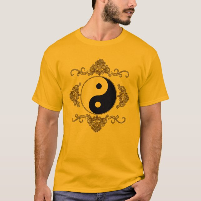 Beautiful Yin Yang Design in Black and Gold T-Shirt (Front)