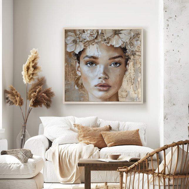 Beautiful Young Fashion Model Floral Portrait Art Poster (Beautiful Young Fashion Model Floral Portrait Art Poster in a neutral boho living room.)
