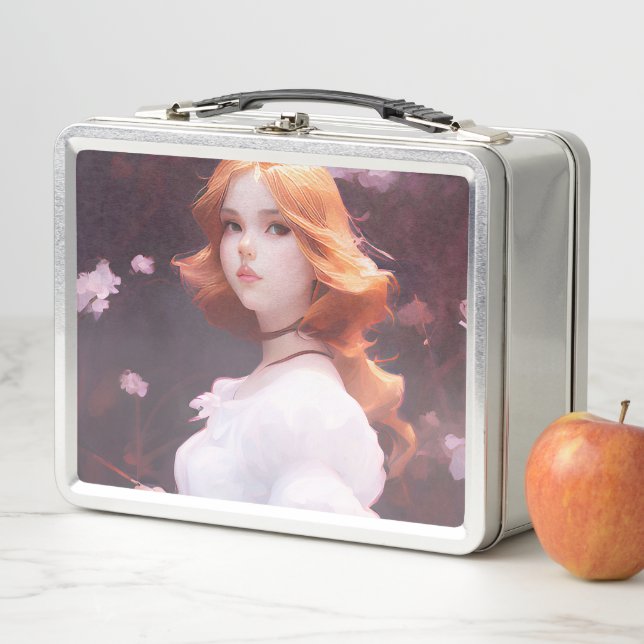 Beautiful Young Girl Amongst Pink Flowers Portrait Metal Lunch Box (In Situ)