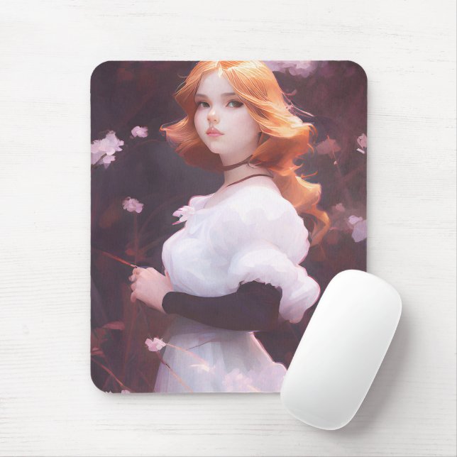 Beautiful Young Girl Amongst Pink Flowers Portrait Mouse Pad (With Mouse)