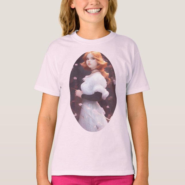 Beautiful Young Girl Amongst Pink Flowers Portrait T-Shirt (Front)