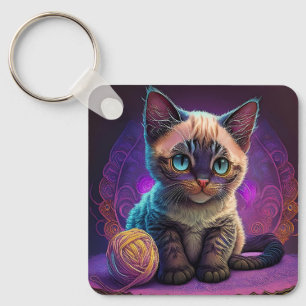 Beautiful Young Kitty With Yarn Ball Key Ring