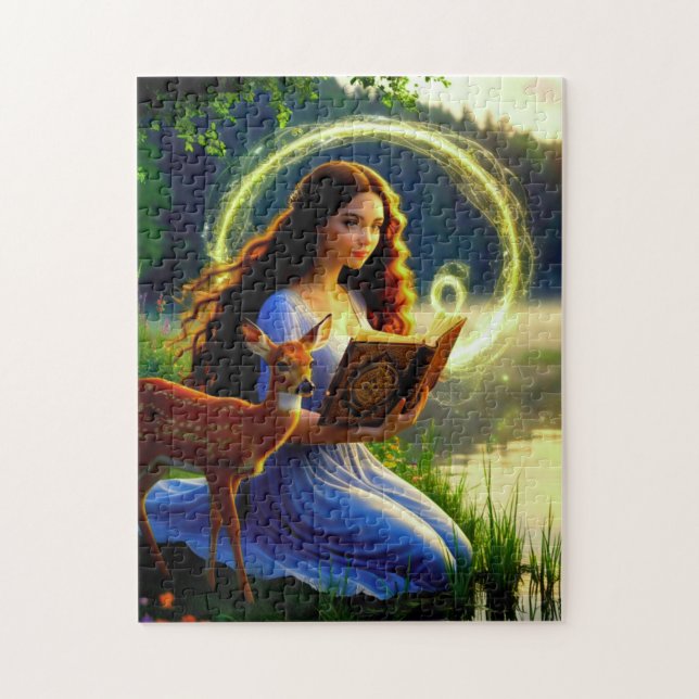 Beautiful Young Woman Sits with Deer and Reads  Jigsaw Puzzle (Vertical)