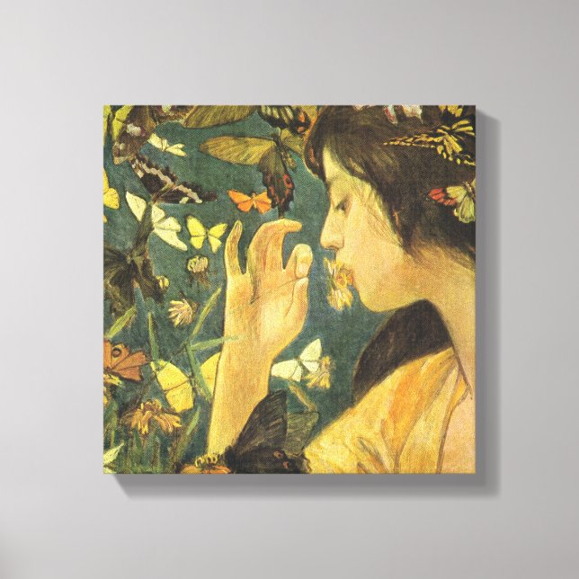 Beautiful Young Woman With Flight of Butterflies Canvas Print (Front)