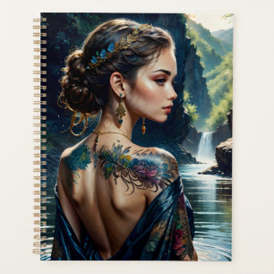 Beautiful young woman with tatoo on her shoulder.  planner