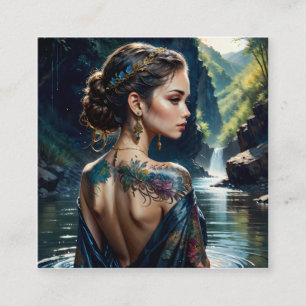 Beautiful young woman with tatoo on her shoulder. square business card