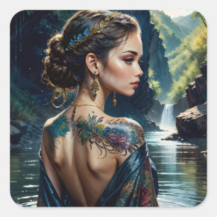 Beautiful young woman with tatoo on her shoulder.  square sticker