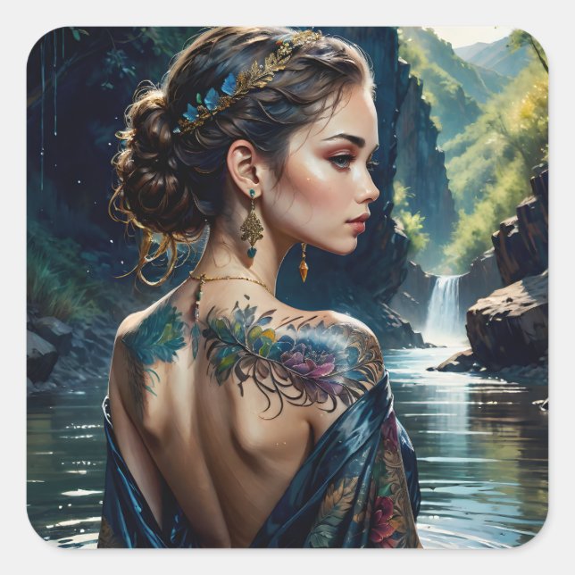 Beautiful young woman with tatoo on her shoulder.  square sticker (Front)