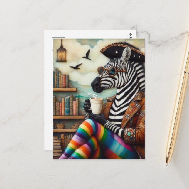 Beautiful Zebra Pirate With Coffee Postcard (Front/Back In Situ)