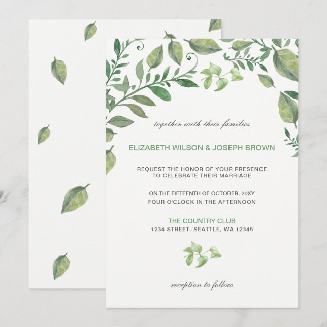 Beautifully botanical greenery wedding Invitations (Front/Back)