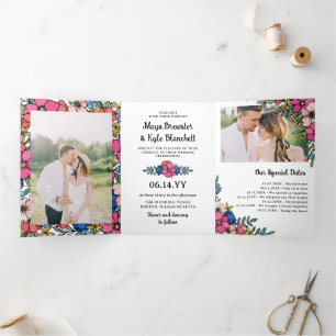 Beautifully Colourful Floral Summer Spring Wedding Tri-Fold Invitation