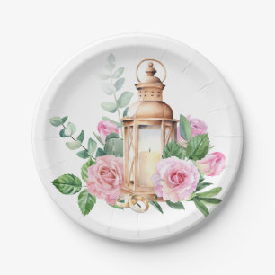 Beautifully Gold Lantern with Pink Flowers Paper Plate