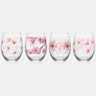 Beautifully Hand Painted Cherry Blossom Stemless Wine Glass