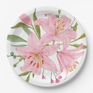 Beautifully hand painted pink Oriental Lily's Paper Plate