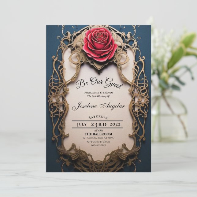Beauty and the Beast Gold and Red Rose Sweet 16 Invitation (Standing Front)