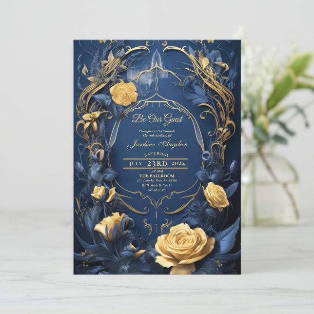 Beauty and the Beast Gold Rose Sweet 16 Invitation (Standing Front)