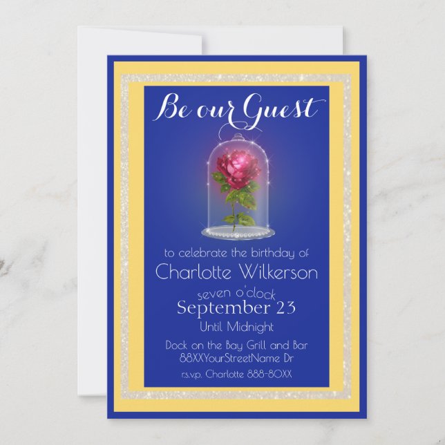 Beauty and the Beast Magic Rose on Blue and Yellow Invitation (Front)