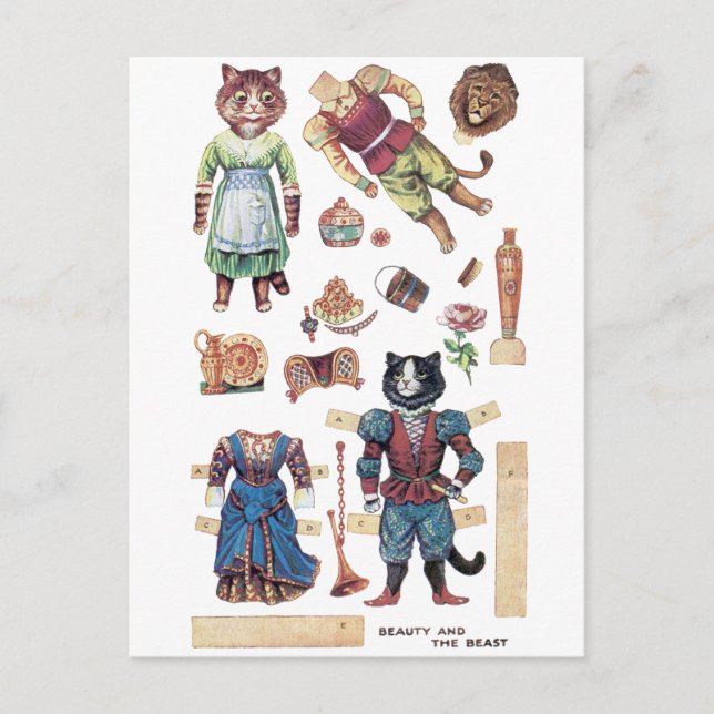 Beauty and the Beast, Paper Doll, Louis Wain Postcard (Front)