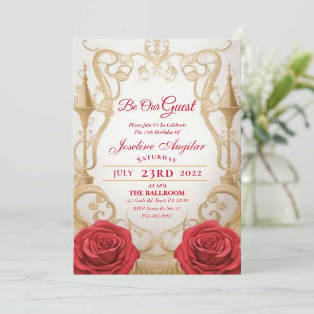 Beauty and the Beast Rose Castle Sweet 16  Invitation (Standing Front)