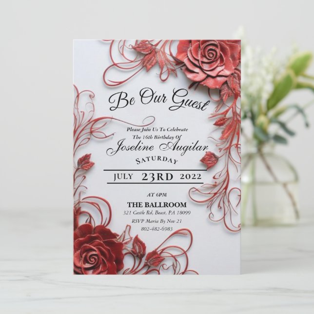 Beauty and the Beast Sweet 16 Roses Invitations (Standing Front)