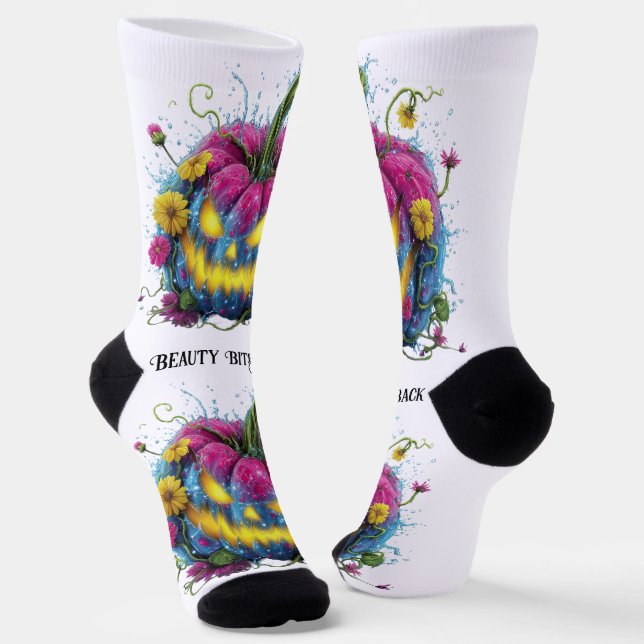 Beauty Bites Back Blue Pink Bloom Pumpkin Socks (Angled)