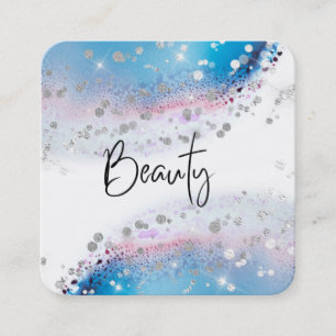 *~* BEAUTY - Blue Watercolor Pastel Silver Glitter Square Business Card